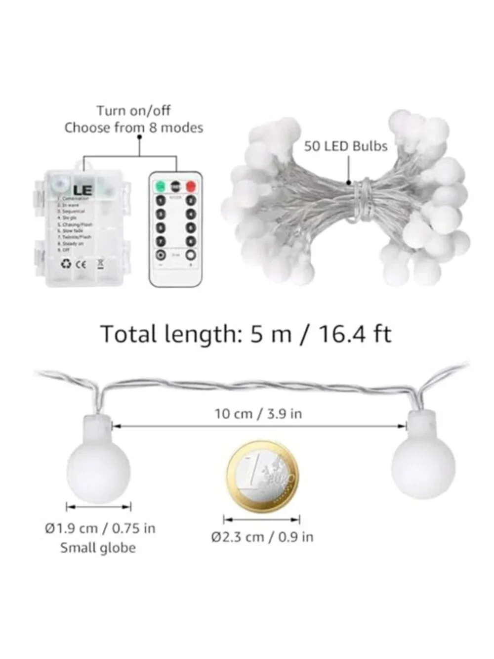 Globe String Lights 50 LED Warm White Fairy Lights Battery Remote Timer